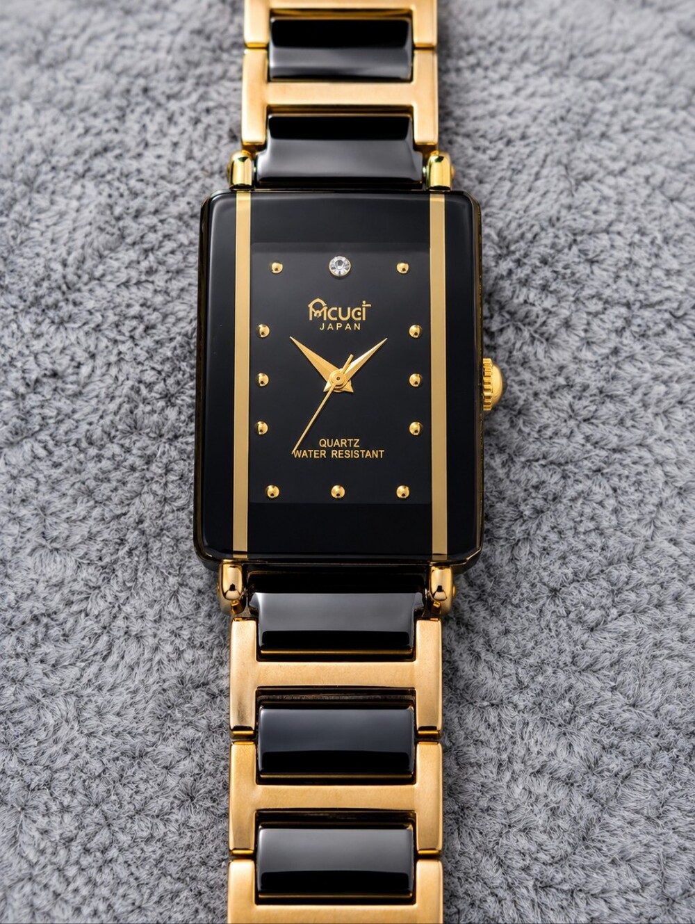 Vintage Acuet Japan Quartz Tank Watch Black Gold Two Tone Art Deco Y2K CC